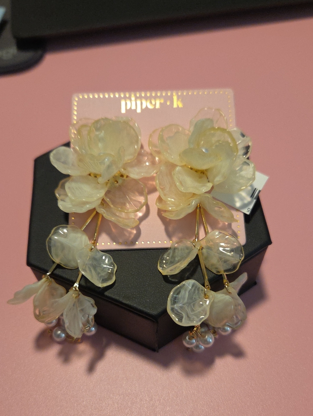 Piper K  Gold-Tone Ivory Floral Resin Drop Earrings with Pearl Accents - Picture 6 of 11